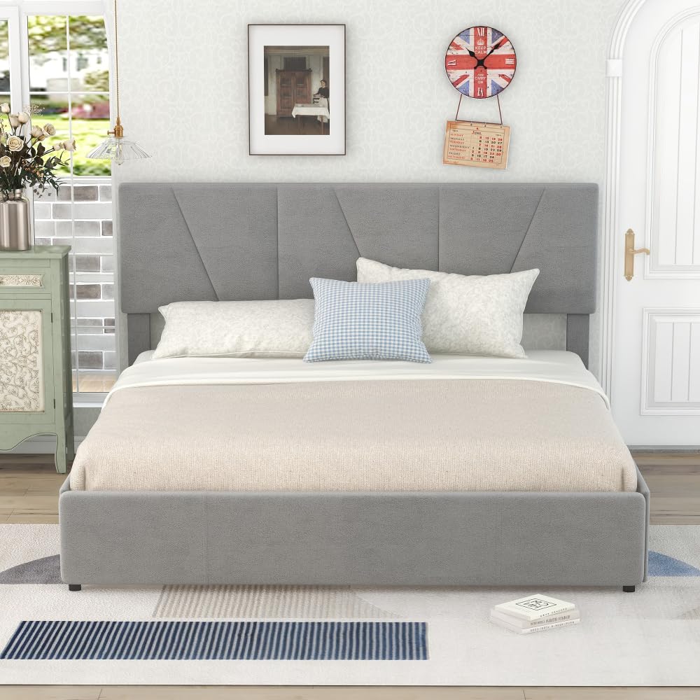 Cama de Matrimonio tapizada, Plataforma con 4 cajones en 2 Lados, cabecero Ajustable, no Necesita somier (160 * 200cm-gris)