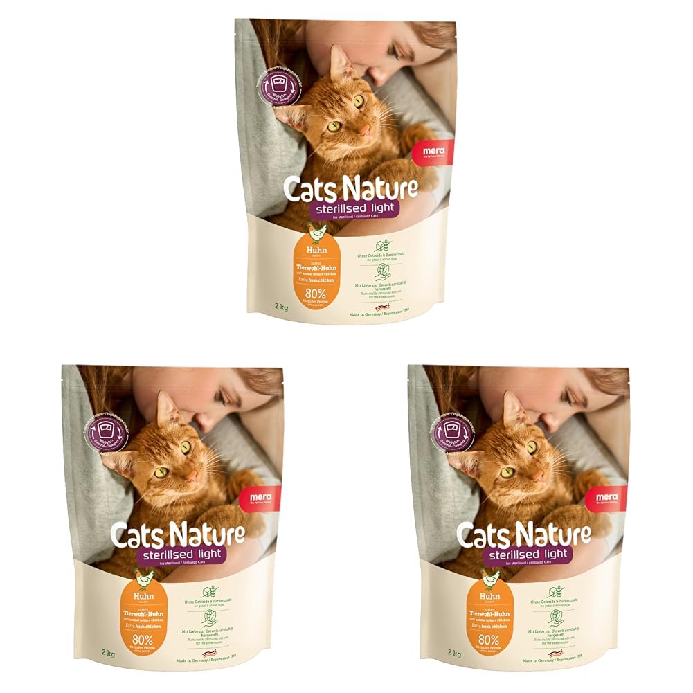 MERA Cats Nature Sterilised/Light Huhn Katzenfutter Trocken 400g | Für sterilisierte/kastrierte Katzen | Getreidefrei & zuckerfrei | fettarmes Katzen Trockenfutter hoher Fleischanteil (Packung mit 3)