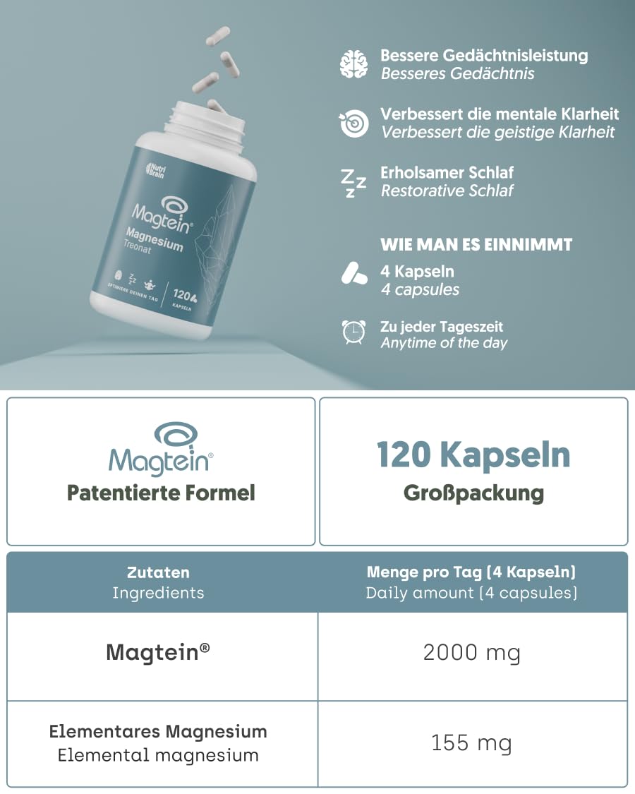 Magnesium L-Threonat mit Magtein® | Hochdosiert 2000 mg | Laborgeprüft | Maximale Aufnahme | 120 Kapseln | Gedächtnis, Fokus, Tiefschlaf