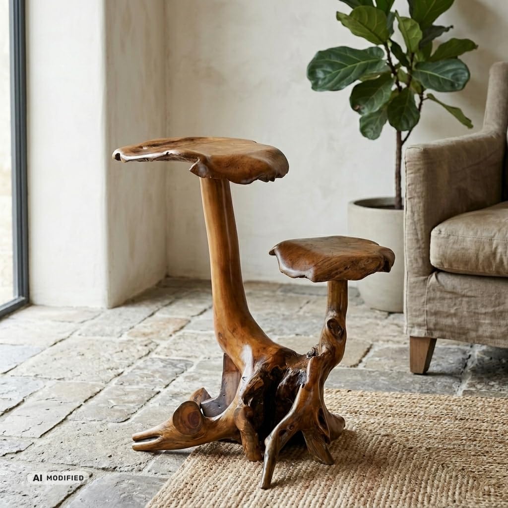 Kinaree 2er Wurzelholz Skulptur Pilz aus Teakholz ca. 45-55 cm – Handgefertigte Holz Skulptur als Garten- & Wohndeko – Massivholz Unikat aus Indonesien