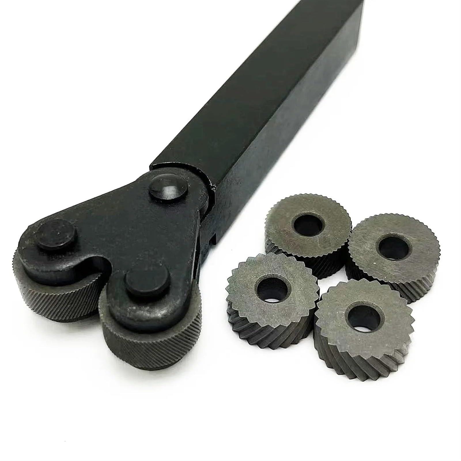 Narzędzie do radełkowania, Opakowanie 7 sztuk: koła radełkowane skośne 0,6/1,0/2,0 mm HSS i stalowy uchwyt do tokarki 16 mm x 18 mm