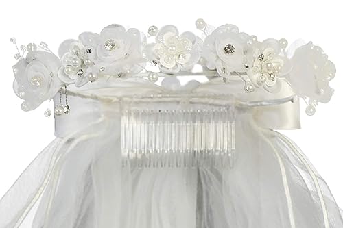 Miniatura 5 de Swea Pea & Lilli - Velo de primera comunión para niñas, tocado blanco para la primera comunión con diadema, flores de organza con diamantes de