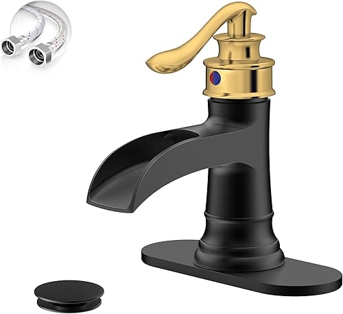 Grifo de baño negro y dorado, fregadero de cascada de un solo orificio con desagüe desplegable con desbordamiento de una sola manija para tocador de disponible en Yaxa Costa Rica