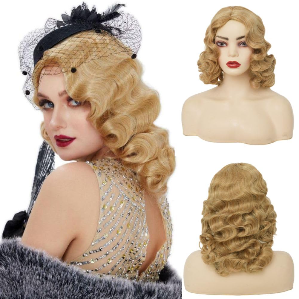 Siudus 1920s Wigs for Women Blonde Long Finger Wave Wig Vintage Curly Lady Hair Wig for Cosplay Costume Halloween Party Use
