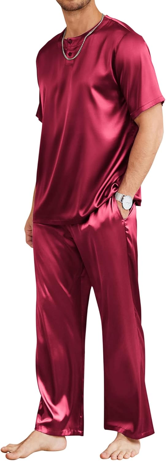 Ekouaer Mens Silk Satin Pajama Set Short Sleeve Sleepwear Silky Loungewear with Long Pants