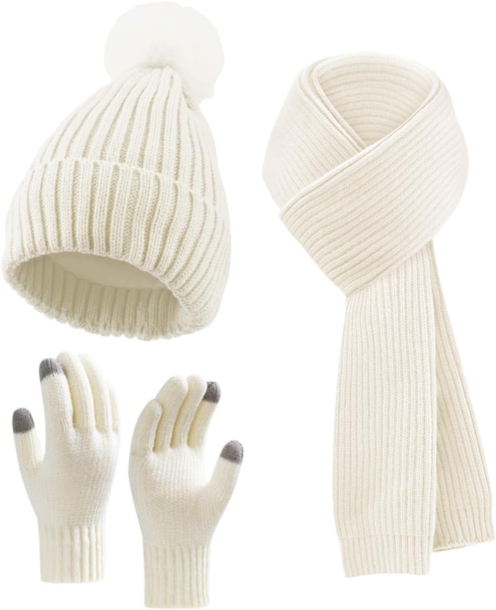 Winter Beanie Hat Scarf Gloves Set for Women, Fleece Knit Pompom Beanie Neck Warmer Long Scarf Touchscreen Gloves 3 in 1 Set