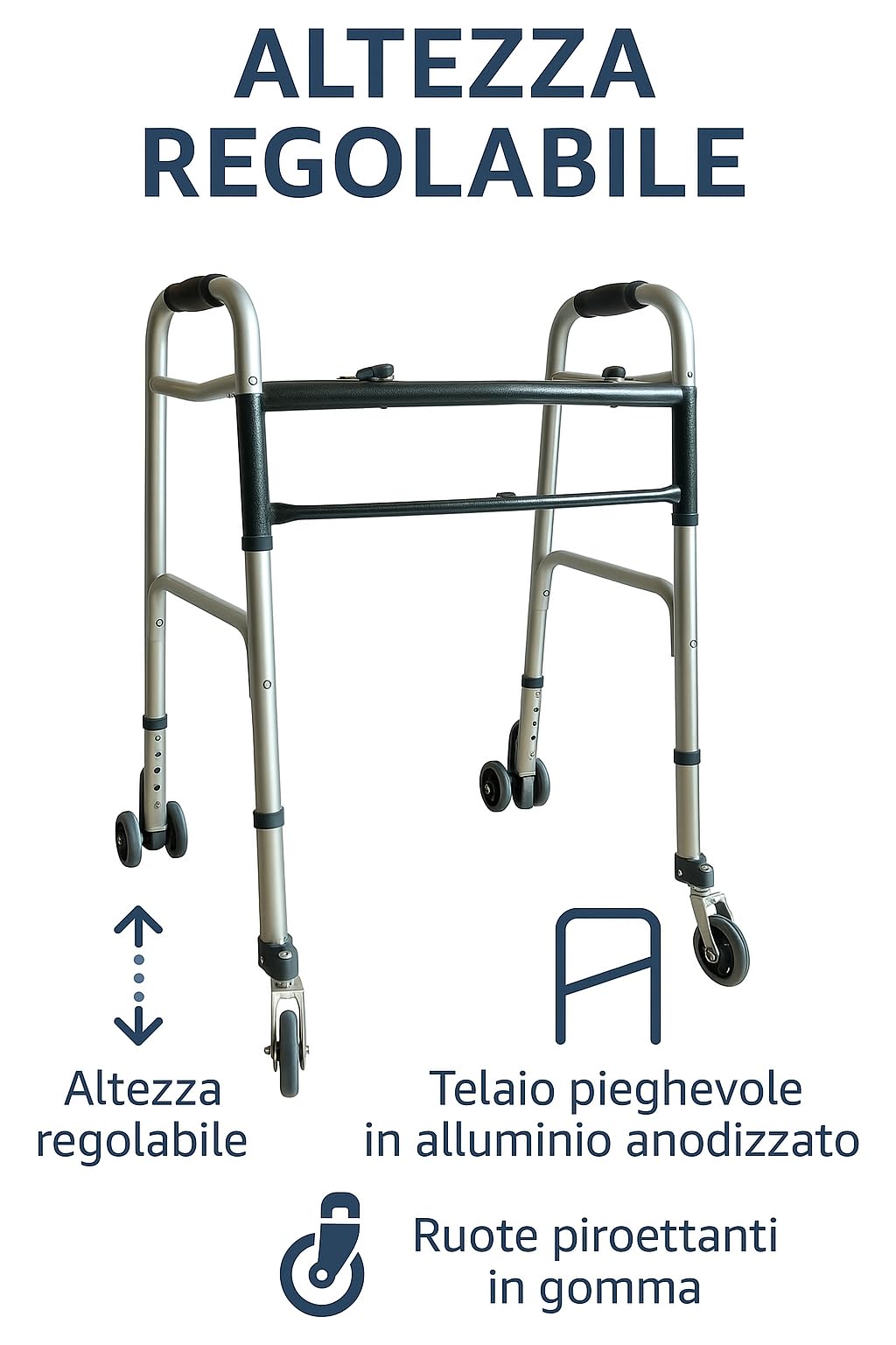 App Life Deambulatore per Anziani in Alluminio Leggero - Dispositivo Medico di Classe I - Pieghevole e Regolabile in Altezza con 2 Ruote Piroettanti e 2 Gemellate con Freni a Pressione