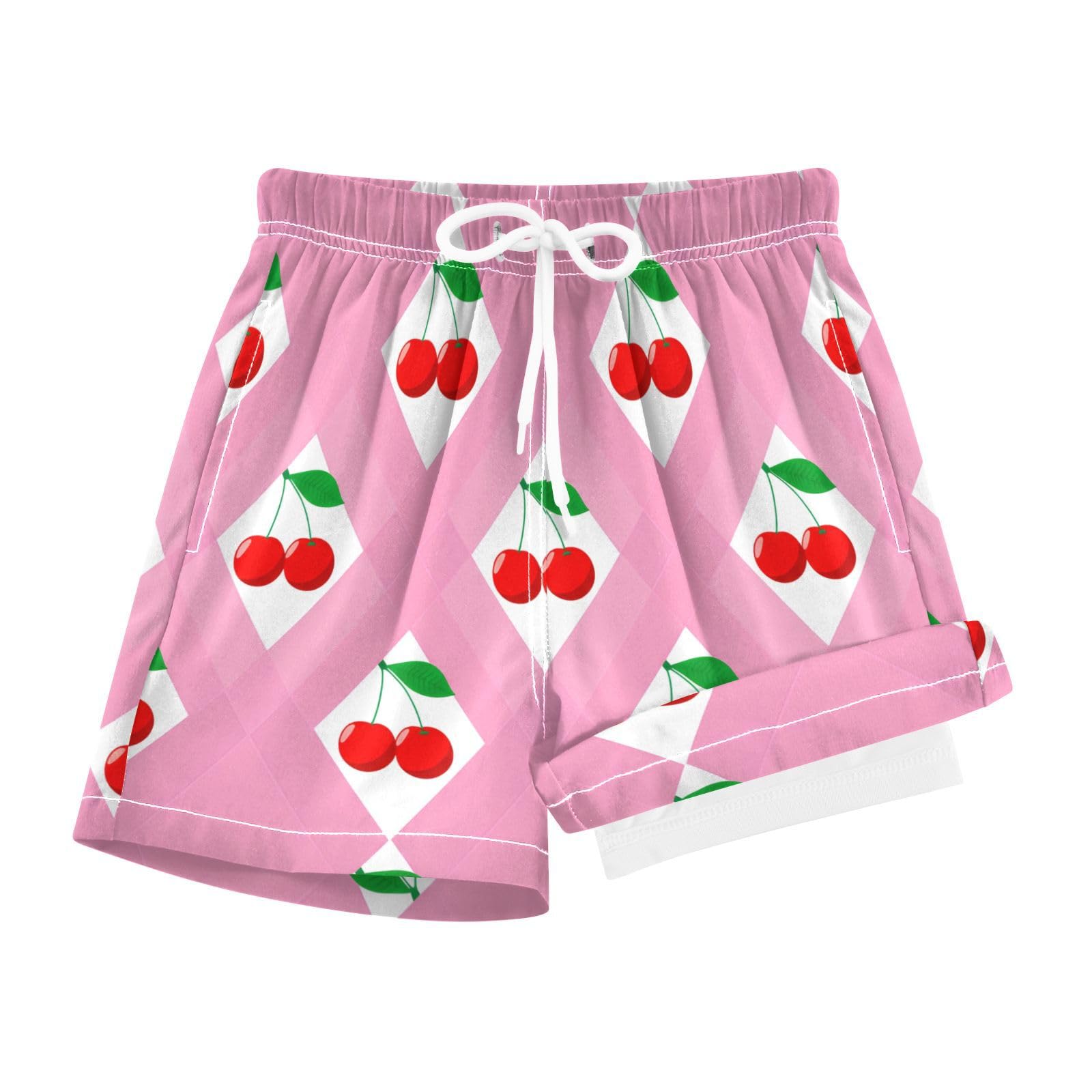 YANENDIE Boy Swim Trunks with Compression Liner Pink Geometric Cherries Boys Swim Shorts Quick Dry Beach Shorts