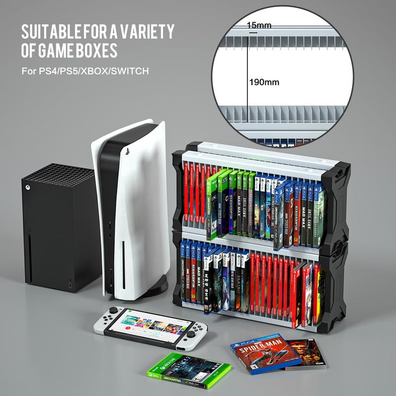 Miniatura 7 de ECHZOVE Torre de almacenamiento de videojuegos, estante de almacenamiento vertical u horizontal compatible con juegos de PS5, juegos de PS4 o cajas