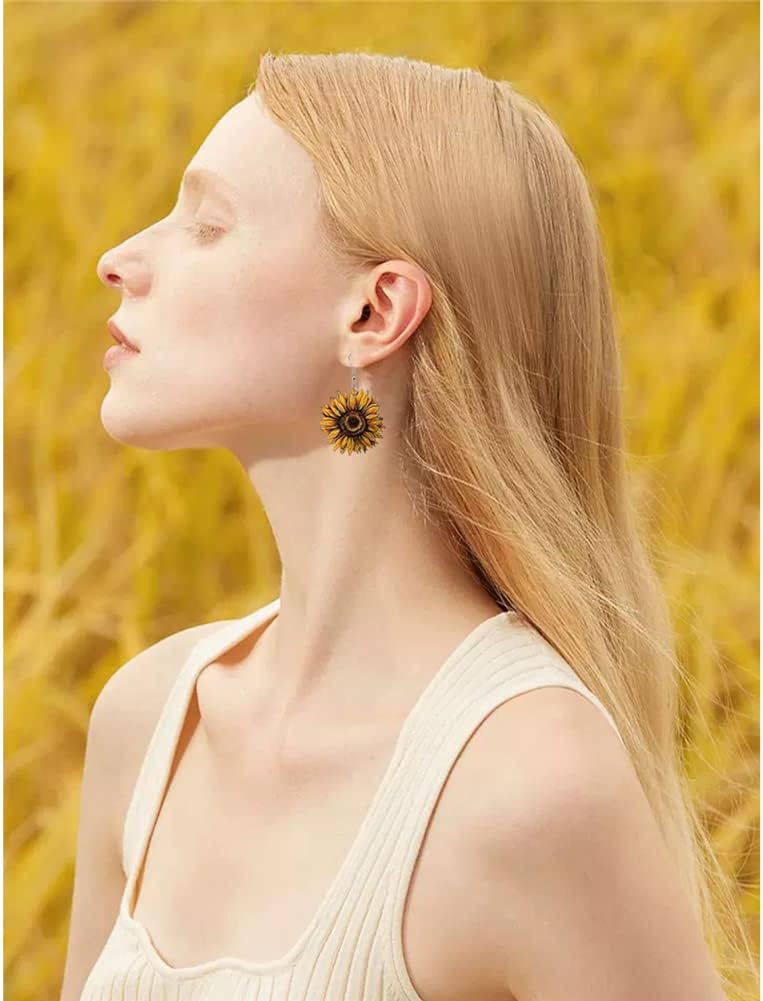 Unique Simple Handmade Wooden Sunflower Daisy Flower Dangle Drop Earrings Bohemian Colour Sunflower Earrings for Women Elegant Summer Boho Jewelry - Image 4