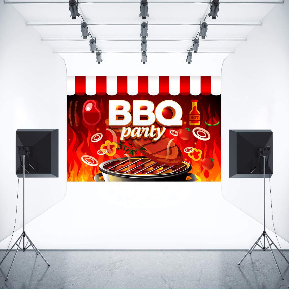 MTMETY 8x8ft Backyard BBQ Backdrop Barbecue Beer Burgers Hot Dogs Background Green Leaves Light Bulb Background