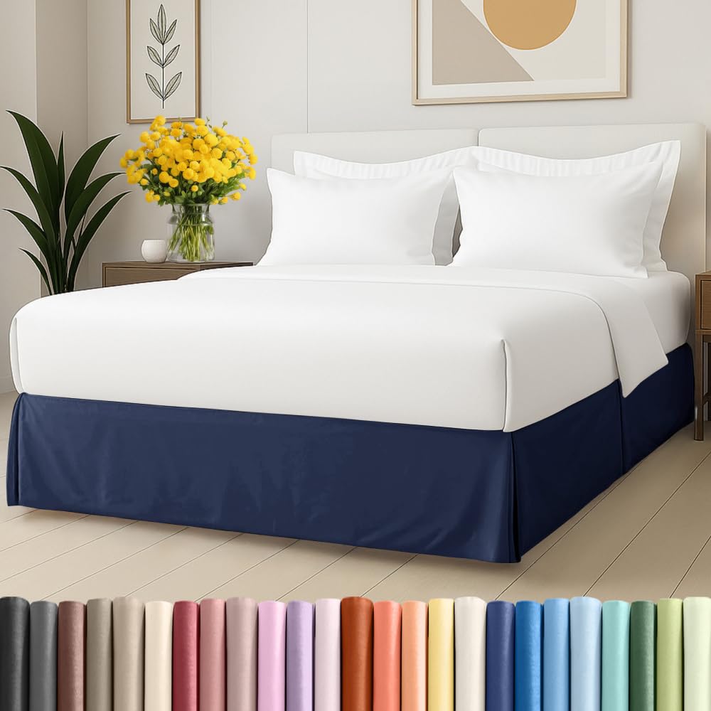 pleated bed skirt twin size - 3 sided pleated bed skirt - 15 inch, navy