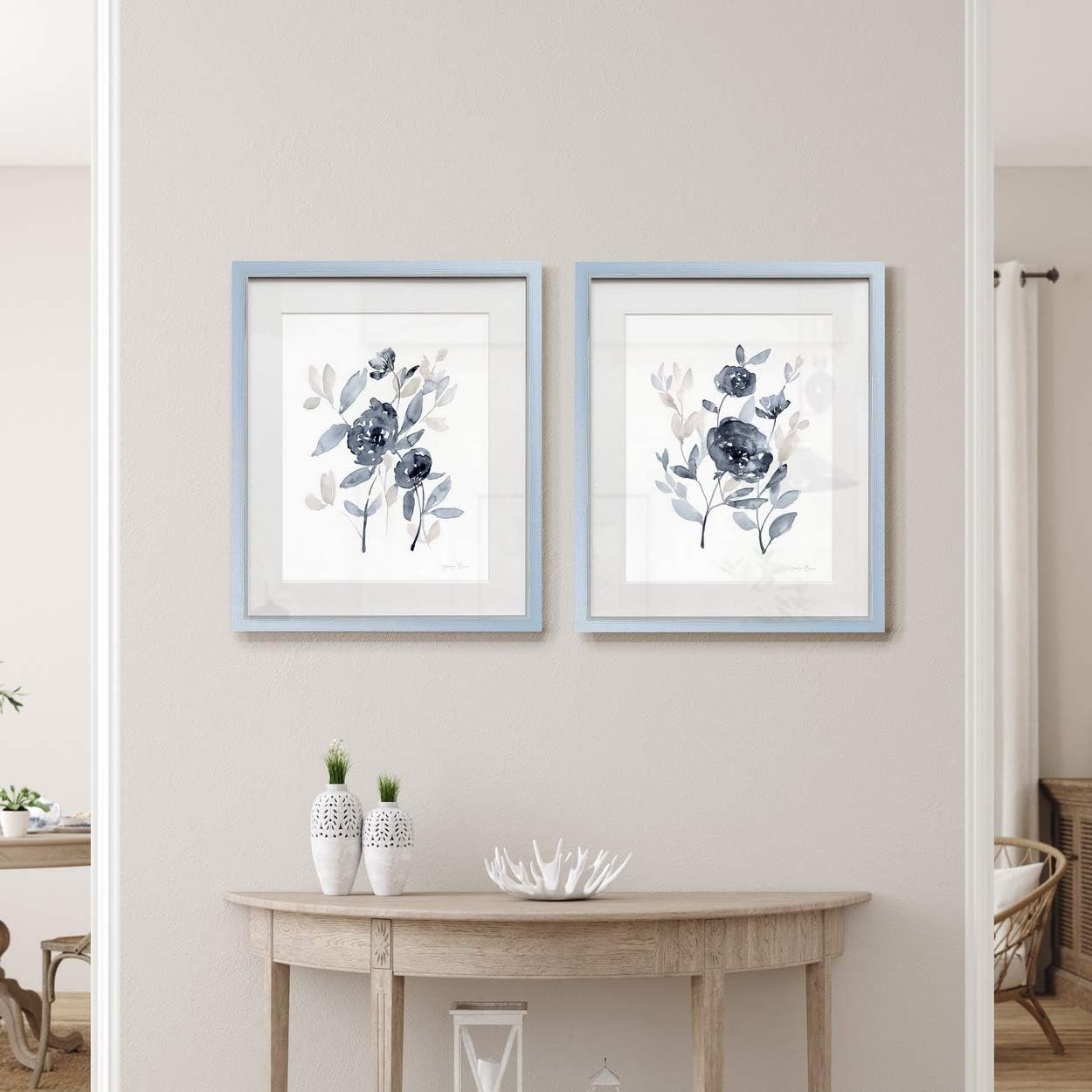 Renditions Gallery Peonies in Blue 2 Framed Artwork Set, Peaceful Botanical Leaf Art, Watercolor Blue & Grey, Silver Frame, White Mat & Plexiglass, 16 In W X 20 In H, Made in America