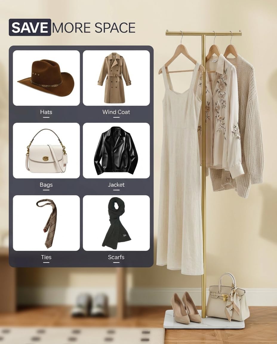 Coat Rack, T-Shaped Freestanding Metal Clothes Stand with Sintered Stone Base, Stable & Sturdy Storage for Coats, Hats, Bags, and Scarves, Ideal for Entryway, Office, and Bedroom, 15.7" x 9.8" x 66.5"