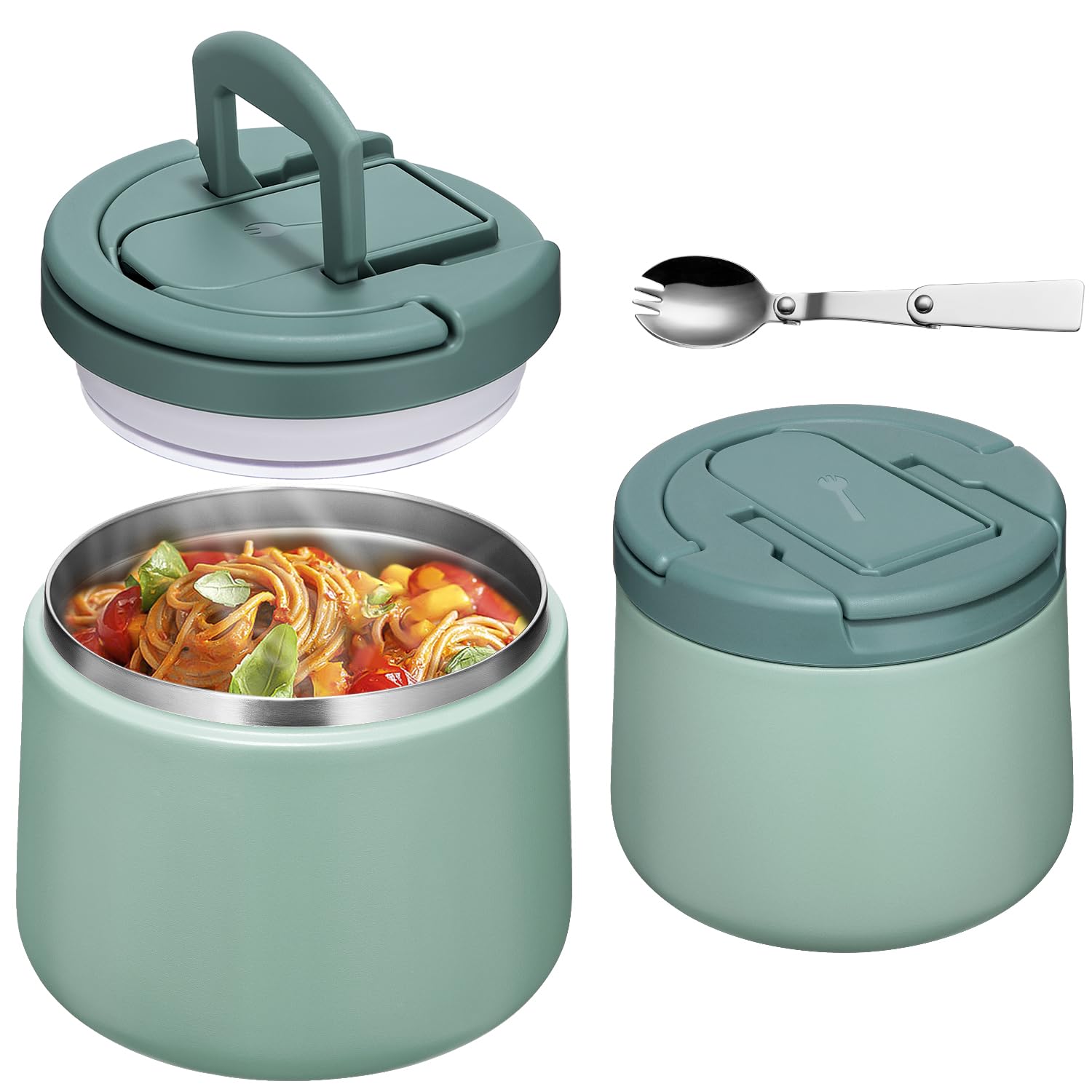 14oz Insulated Vacuum Food Jar with Buckle Lid,Soup Thermo for Hot Food Kids,Wide Mouth Leakproof Stainless Steel Lunch Container with Spoon-Green