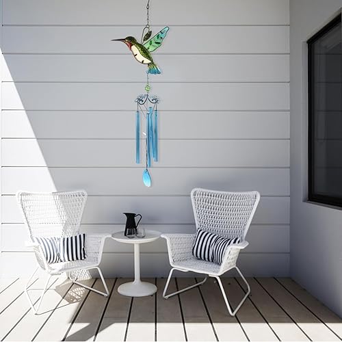 Miniatura 6 de Amosfun 2 campanillas de viento de vitrales  Colgantes colgantes de hierro de libélula y colibrí para decoración del hogar y el jardín, 33.85