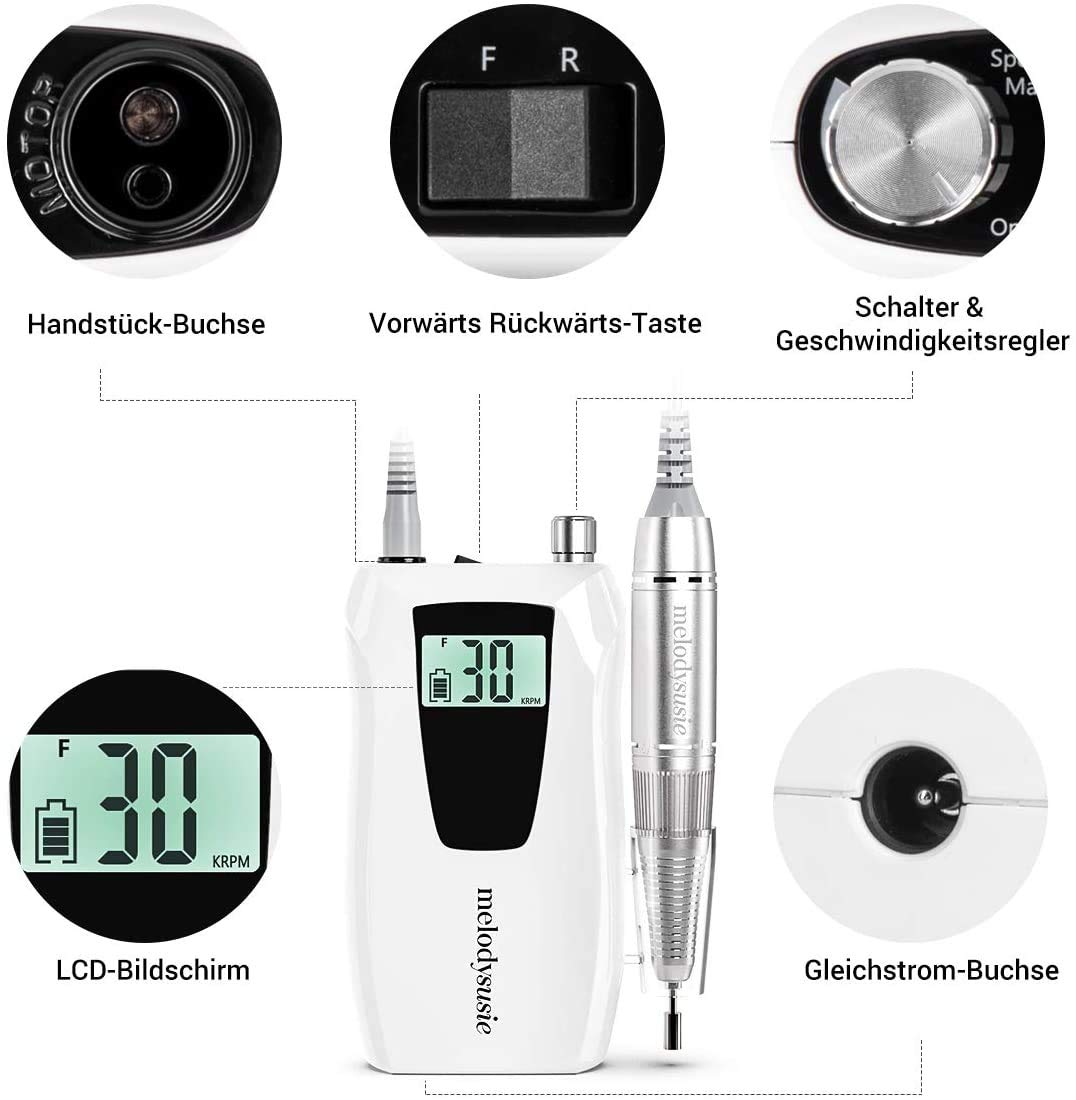 MelodySusie SC320D Professioneller Nagelfräser, 30.000 U/min, Wiederaufladbare Elektrische Nagelfeile mit LCD-Anzeige, Drehzahlregelbar, für Acryl- & Gelnägel, für Salon