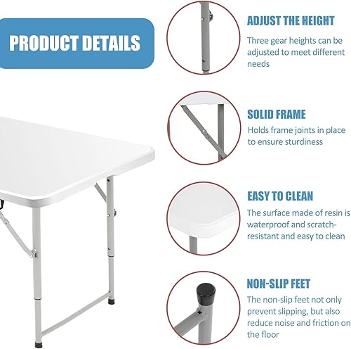 Miniatura 6 de Mesa plegable, mesa portátil de plástico de 4 pies, mesa de picnic para interiores y exteriores, para campamento, picnic, fiesta, barbacoa, altura