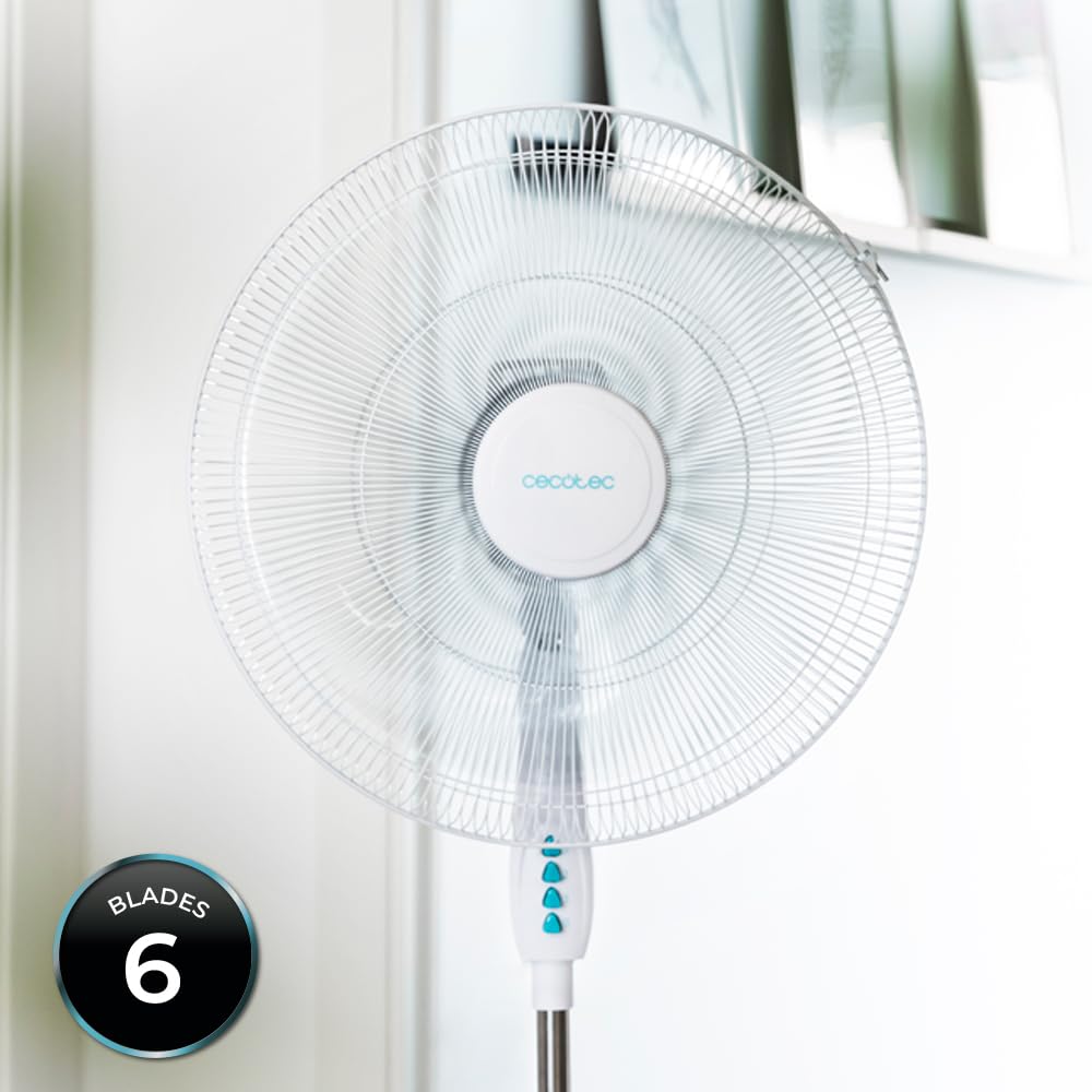 Cecotec Ventilatori a piantana Energy Silence 600 Max Flow, 18 Pollici (45 cm), 6 Lame, Potenza 70 W, Motore in Rame, 3 velocità, Oscillazione 75 °, Altezza Regolabile, Bianco