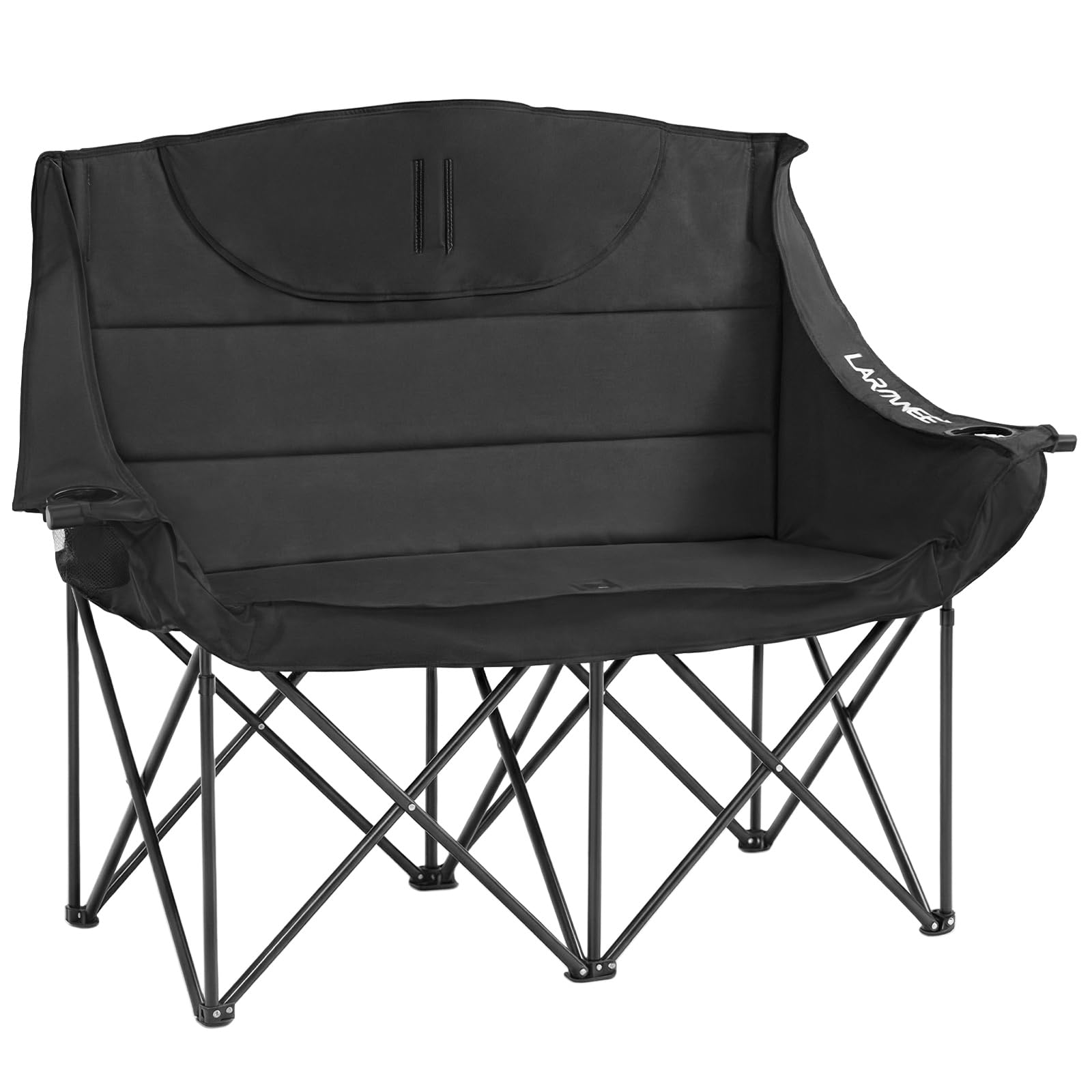 LARMNEE Divano da Campeggio Pieghevole XXL 2 Posti con 2 Portabicchieri, Sedia da Campeggio per 2 Persone Larga 50 cm, Poltrona da Esterno, Portata 200 kg, Seduta Imbottita, Nero EBK03LC02