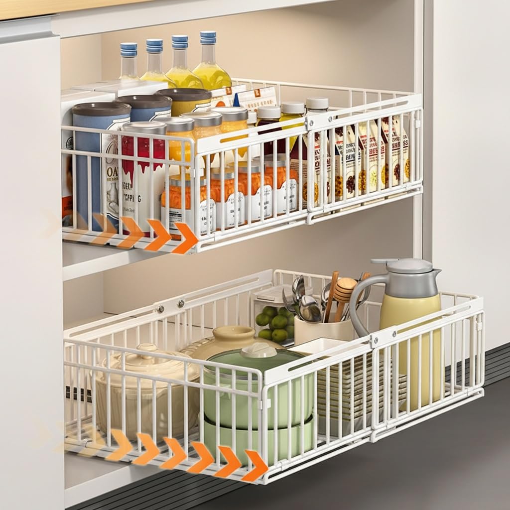 2 Pack Expandable Pull Out Cabinet Organisers No Drill, Pull Out Kitchen Storage, Slide Out Drawer Organiser Cupboard for Kitchen, Under Sink, Pantry, Bathroom, Adjustable Width 30cm to 51cm, White