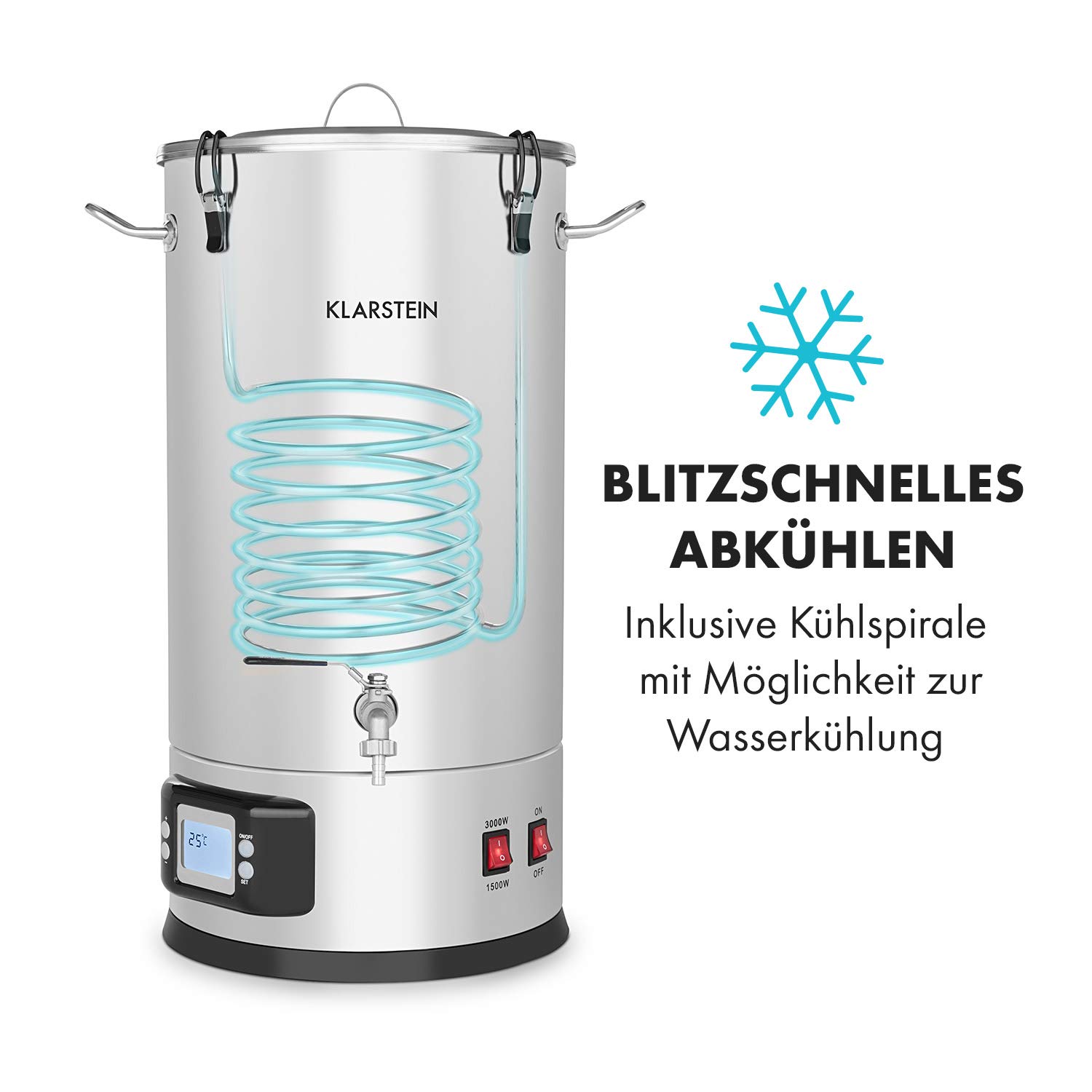 Klarstein Maischfest - Bierbrauset, Maischekessel, Bierbrauanlage mit 2 Stufen: 1500/3000 W, Bier Brauen 5-teiliges Set, Filtrier-Eimer, Kühlspirale, LCD-Display, Edelstahl, 30 Liter, Edelstahl