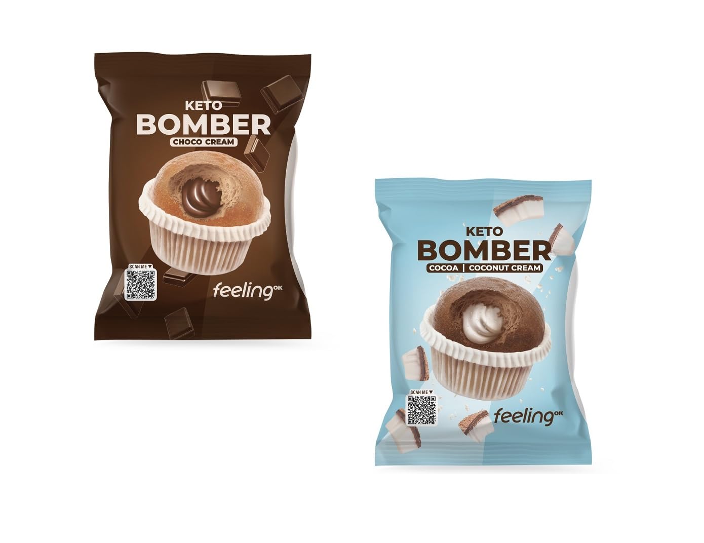 FEELING OK BOMBER KETO da 50 Gr GUSTI MISTI - Muffin Chetogenico Ripieno Crema di CIOCCOLATO o COCCO con solo 2,00 Gr di Carbo e 0,50 Gr di Zuccheri (Box da 10 Pezzi da 50 Gr ASSORTITI)