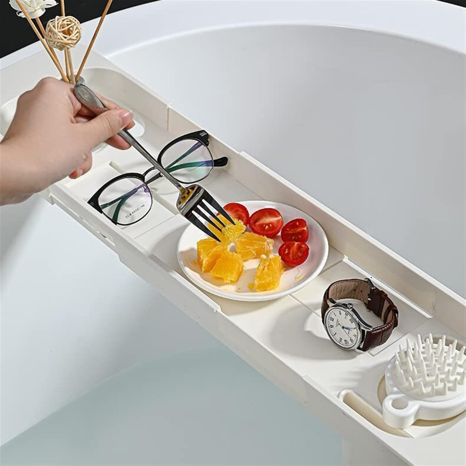 Bandejas para bañera, Estante expandible para baño, Bandeja Ajustable de plástico para bañera, Soporte Multifuncional para bañera, Estante de Almacenamiento para jabones y Toallas