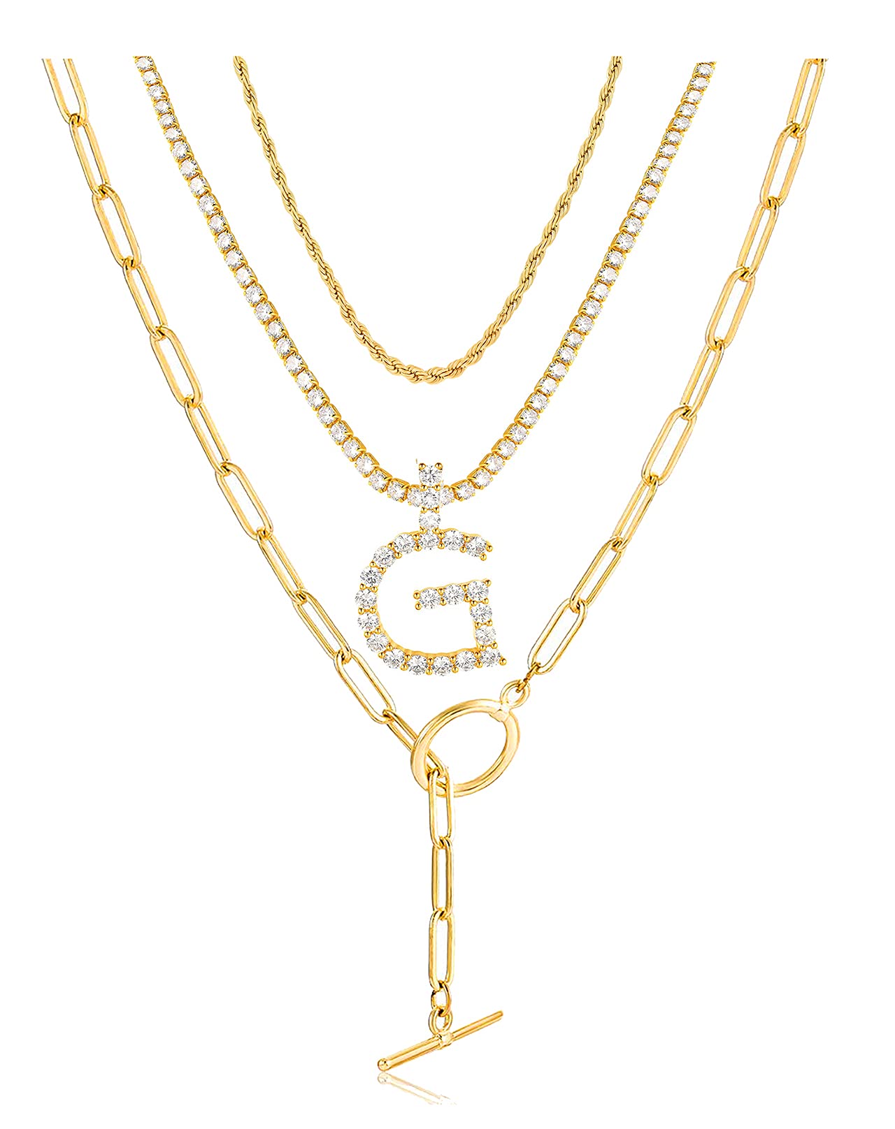 EFTOMLayered Initial Necklaces Gold Cubic Zirconia Diamond Choker A to Z Alphabets Pendant Necklaces Layering Dainty Paperclip Chain Neckalce for Women Girls 18K Gold Filled, Metal, Cubic Zirconia,