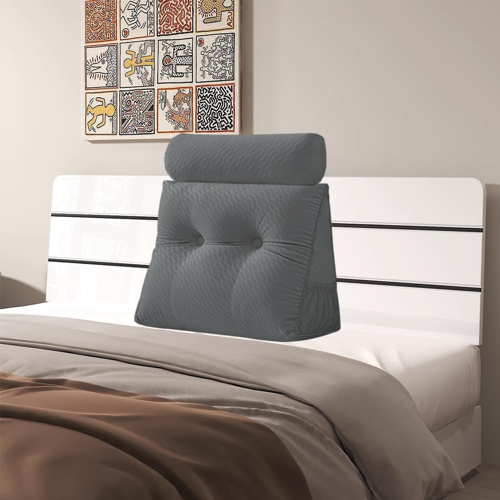 Velvet Triangular Headboard Wedge Pillow With Roll Pillow,Removable Cover Headboard Pillow Daybed Bunk Bed,Backrest Positioning Support Pillow Resting Reading Relaxing (Grey, King(76 * 20 * 8in))