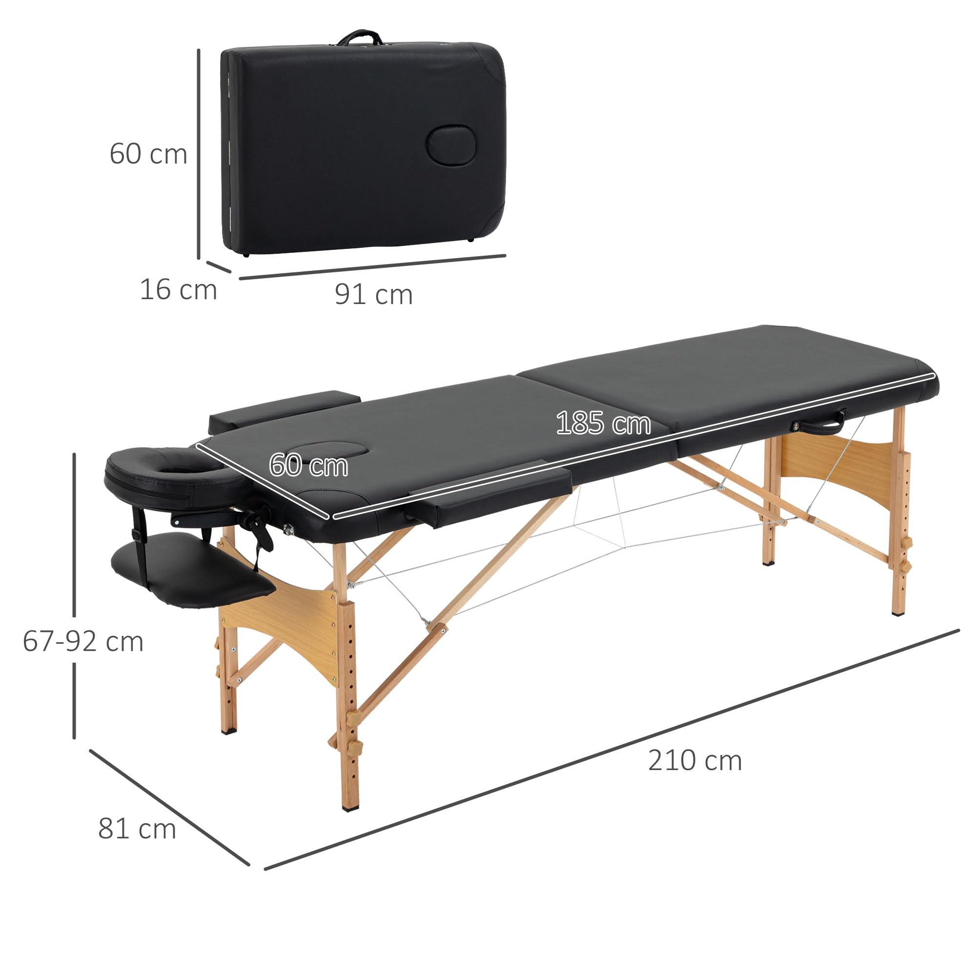 HOMCOM Camilla de Masaje Plegable 210x81 cm Camilla Estética Profesional con Reposacabezas Extraíble 2 Zonas Asa y Marco de Madera con Altura Regulable y Bolsa de Transporte Negro