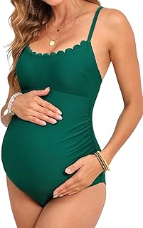 Maternity One Piece Swimsuit Scoop Neck Women's Bathing Suit Scalloped Lace up Back Criss Cross Tie Pregnancy