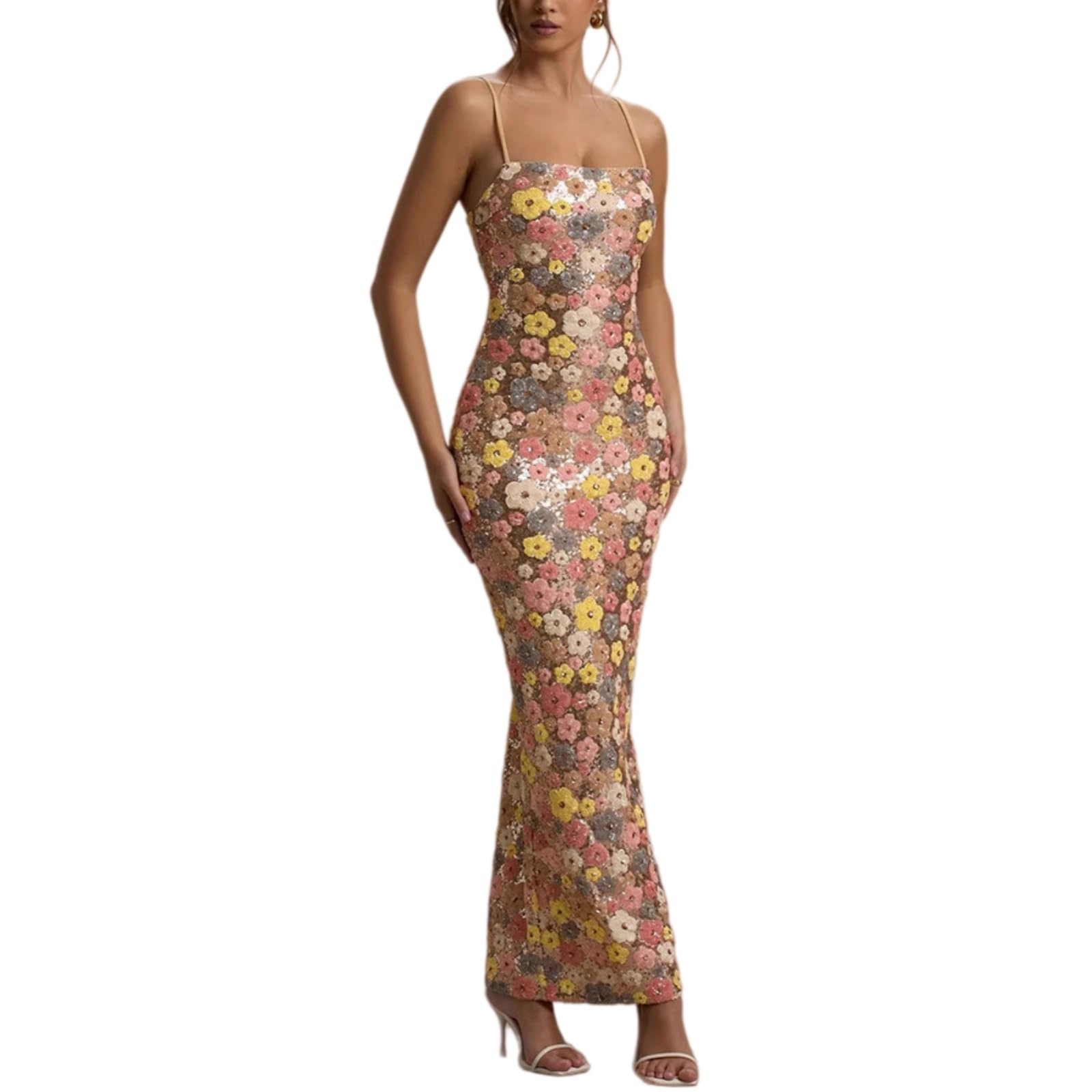 Vestito Elegante Donna Paillette Bodycon Maxi Dress Slim Fit da Festa Senza Maniche per Eventi Cocktail Serali-Print-s