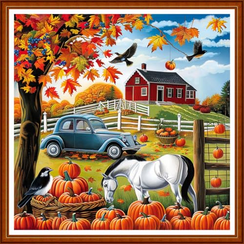 Image of Joyhoor Stamped Cross Stitch Kits for Beginners Needlepoint Kits for Adults Embroidery Kits 11CT Counted Cross Stitch Kits Printed Embroidery Pattern- Autumn Scenery at Home 18x18 inchs