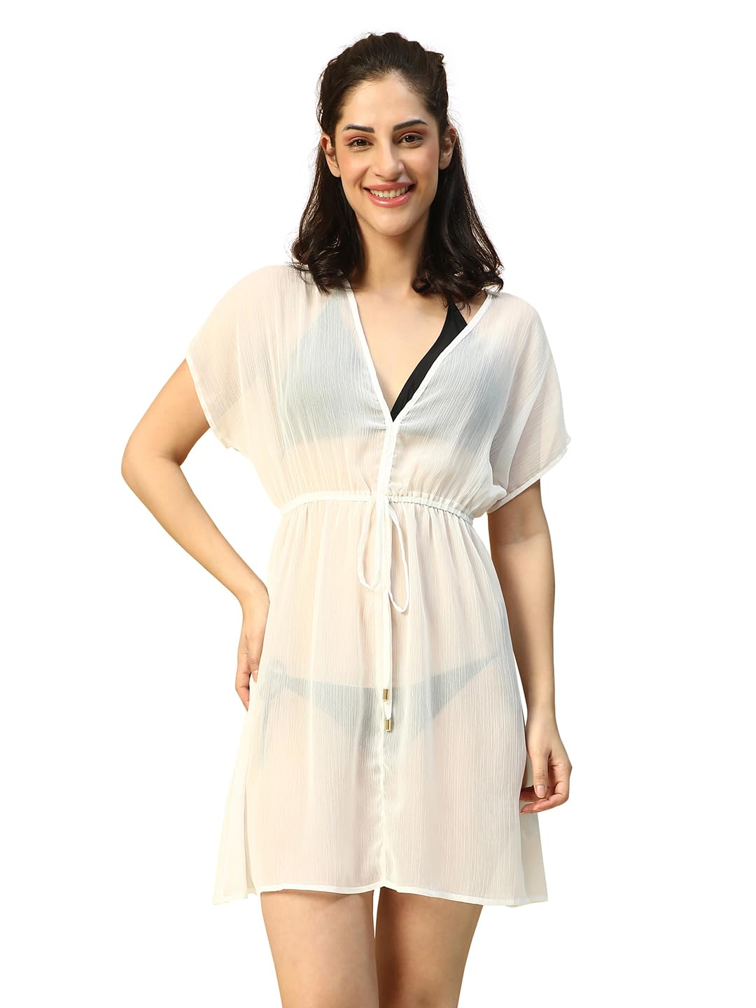 Women Solid V-Neck Short Sleeve Elasticated with Tie-Up Detail Knee-Length Beachwear Kaftan-image-25