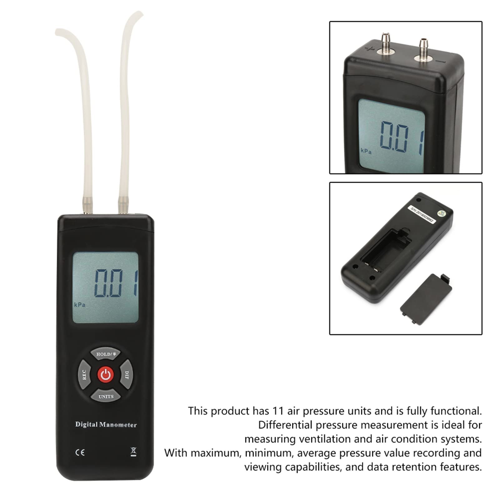 TL100 Digital Differential Pressure Gauge, Handheld Manometer with Backlit Display, 11 Air Pressure Units, Low Battery Prompt, Auto Shutdown, for Ventilation and Air Condition Sys