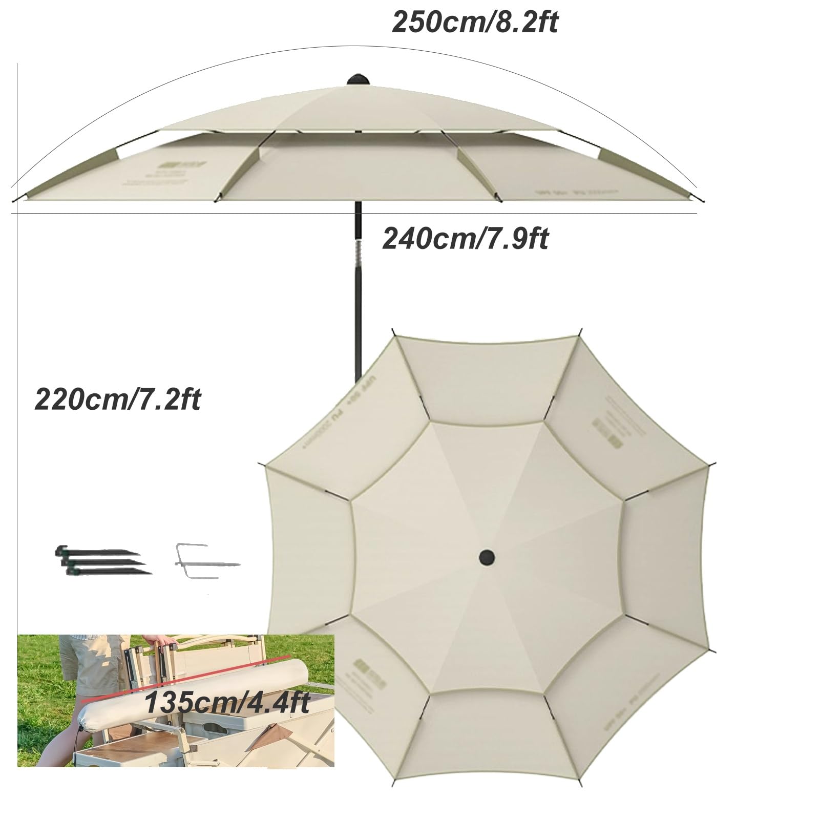 Ombrellone Antivento UV 260 cm Portatile con Ancora, Palo Inclinabile Acciaio/Alluminio, Borsa