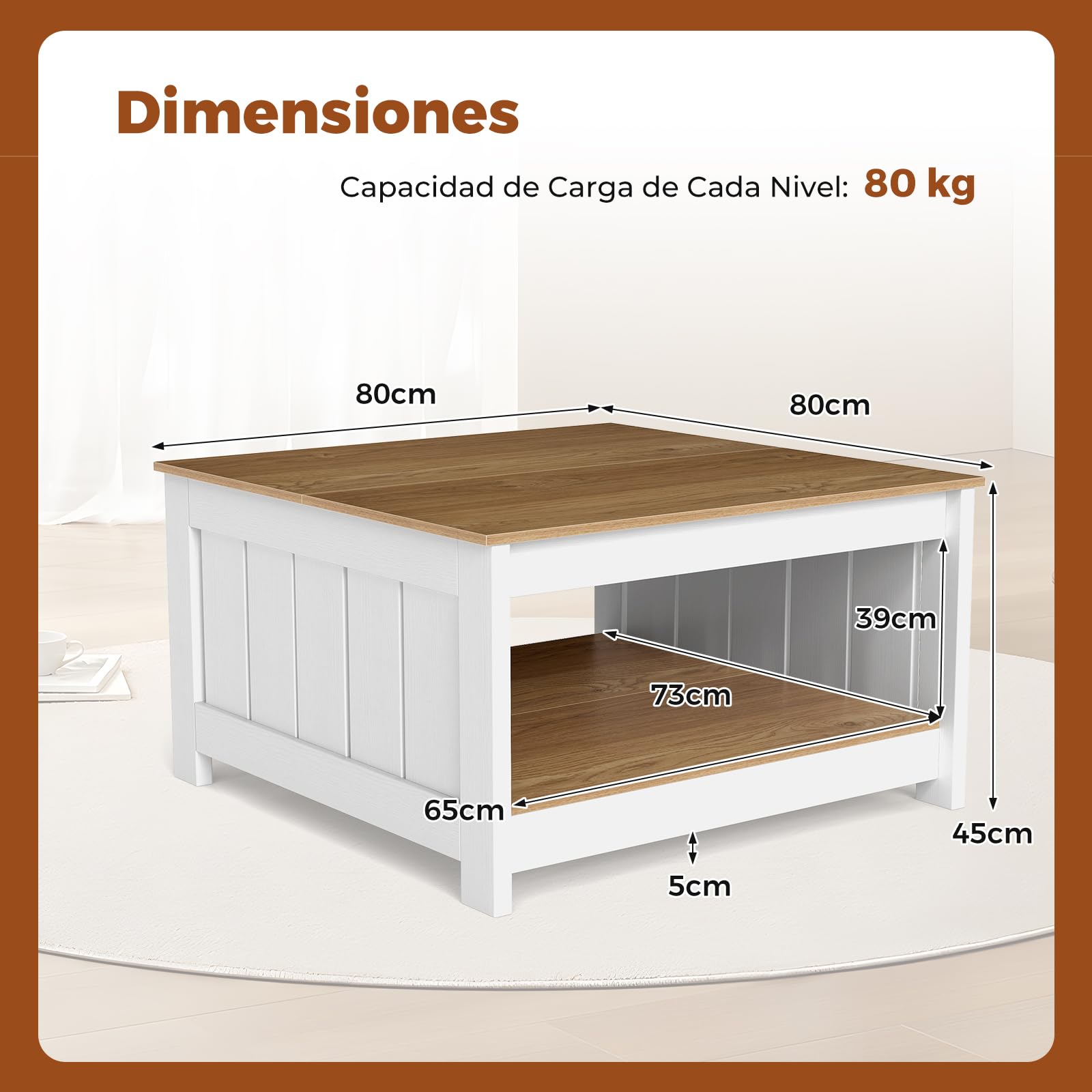 COSTWAY Mesa de Centro, Mesa de Cóctel Cuadrada con Estante de Almacenamiento, Mesita Rústica de Granja, Mueble de Salon, 80 x 80 x 45 cm