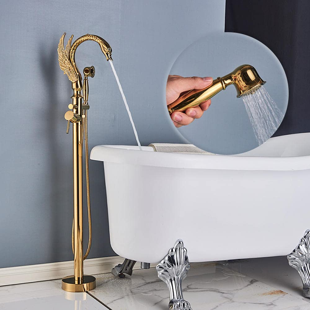 Grifo de bañera Grifos mezcladores de agua fría y caliente Ducha Grifo mezclador de bañera Baño Grifo de bañera Conjunto Montado en el suelo-Oro A