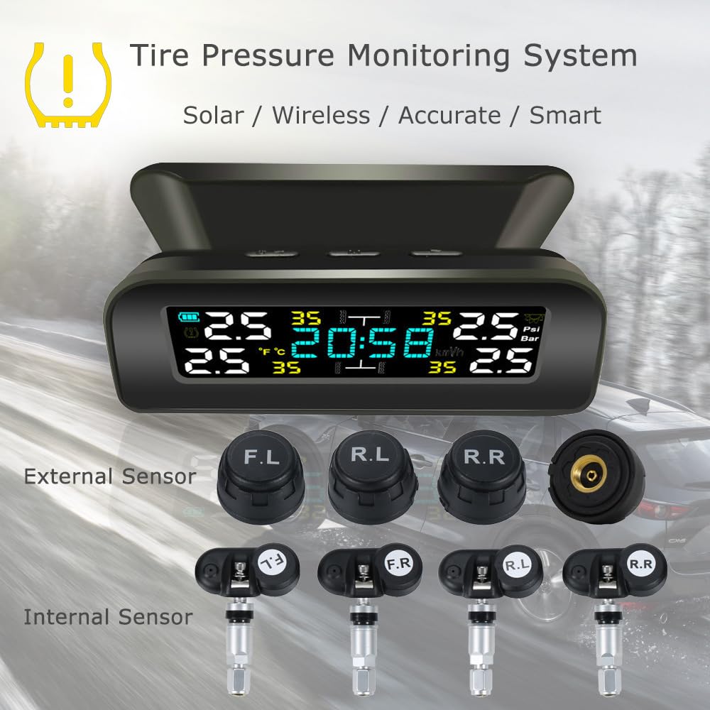 Tpms Sistema di monitoraggio dell'allarme della pressione dei pneumatici for auto a energia solare wireless Sistemi di allarme di sicurezza automatica Avviso della temperatura della pressione dei pneu