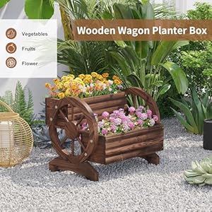 Wooden Wagon Planter Box for Indoor Outdoor Garden Planter Wood Planter Boxes Flower Planters Outdoor with Wheels Planter for Flowers Herbs VegetablesCarbonized