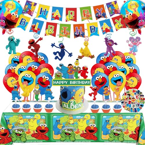 109pcs sesame street party decorations, Party Decorations Set Including Banner, Hanging Swirl, Cake Topper, Cupcake Topper, Stickers,Foil Balloon, Boys Girls Sesame Theme Party