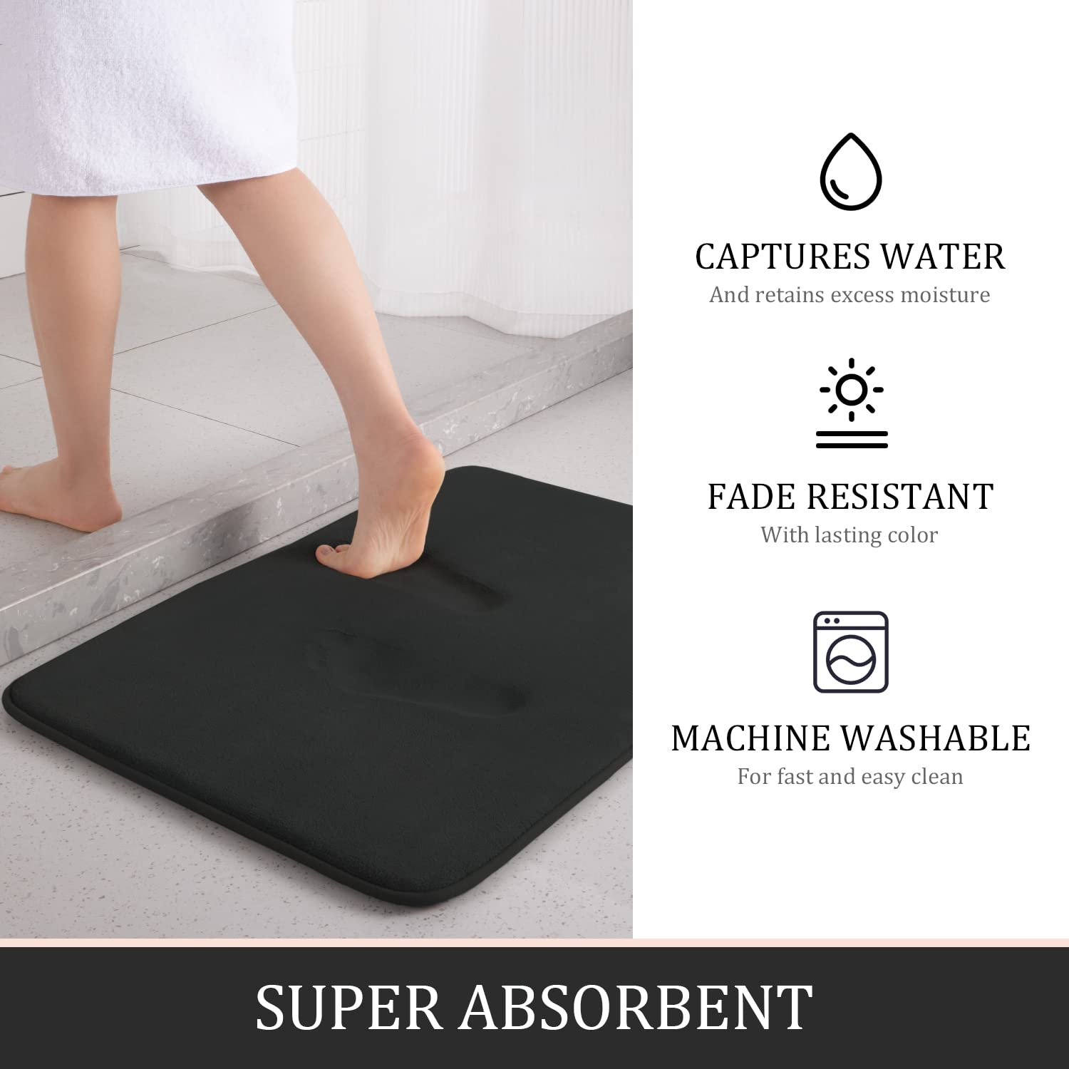A 3-piece set of black memory foam bath mats, non-slip and super absorbent.