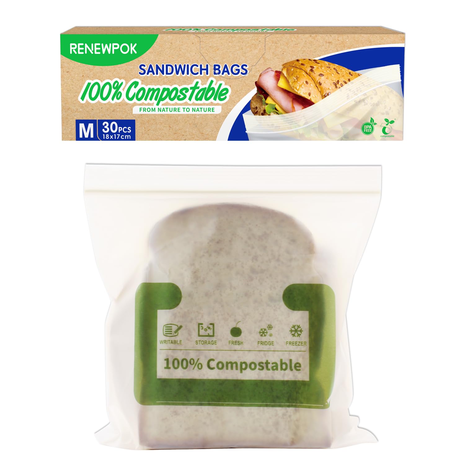100% Compostable Sandwich Bags Freezer Safe and Leak Proof, (Eco Zip) Seal well for Sandwich,Fruit or Snacks Plant-Based BPA-free 30BAGS, (17×18cm)