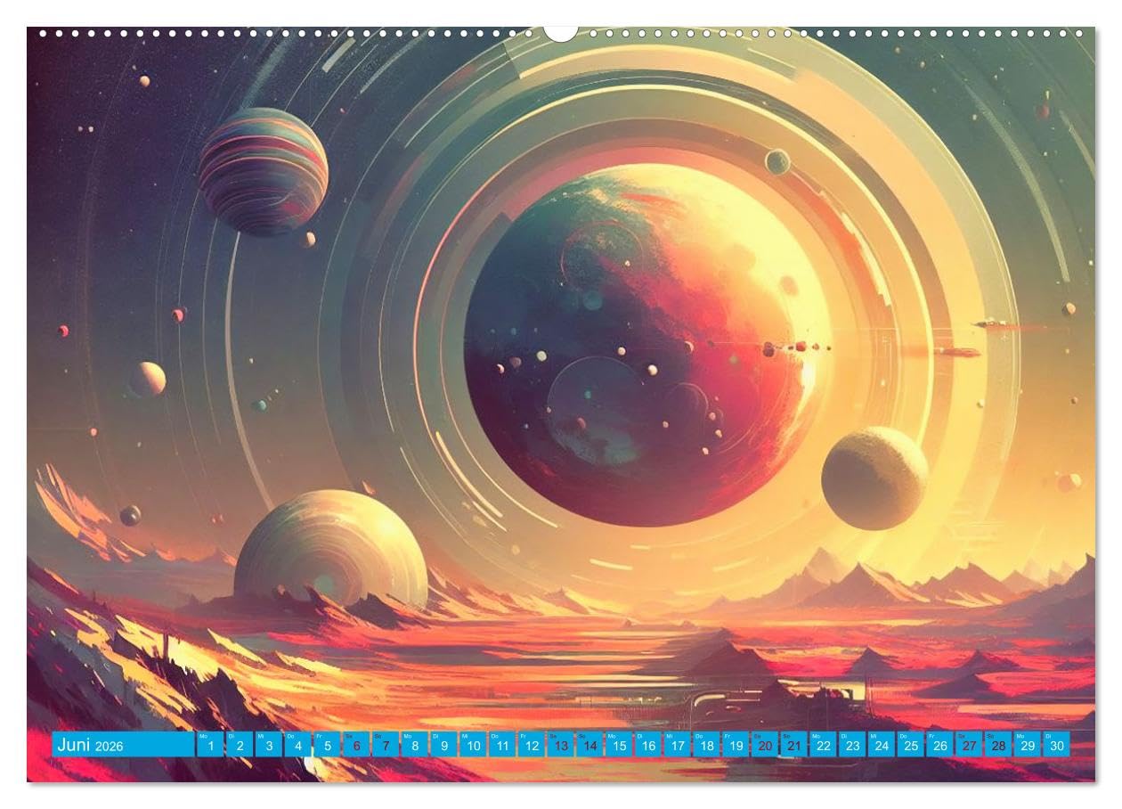 Lost Fiction (hochwertiger Premium Wandkalender 2026 DIN A2 quer), Kunstdruck in Hochglanz: Zukunftsvisionen im Stil der 70er Jahre (CALVENDO Spass)