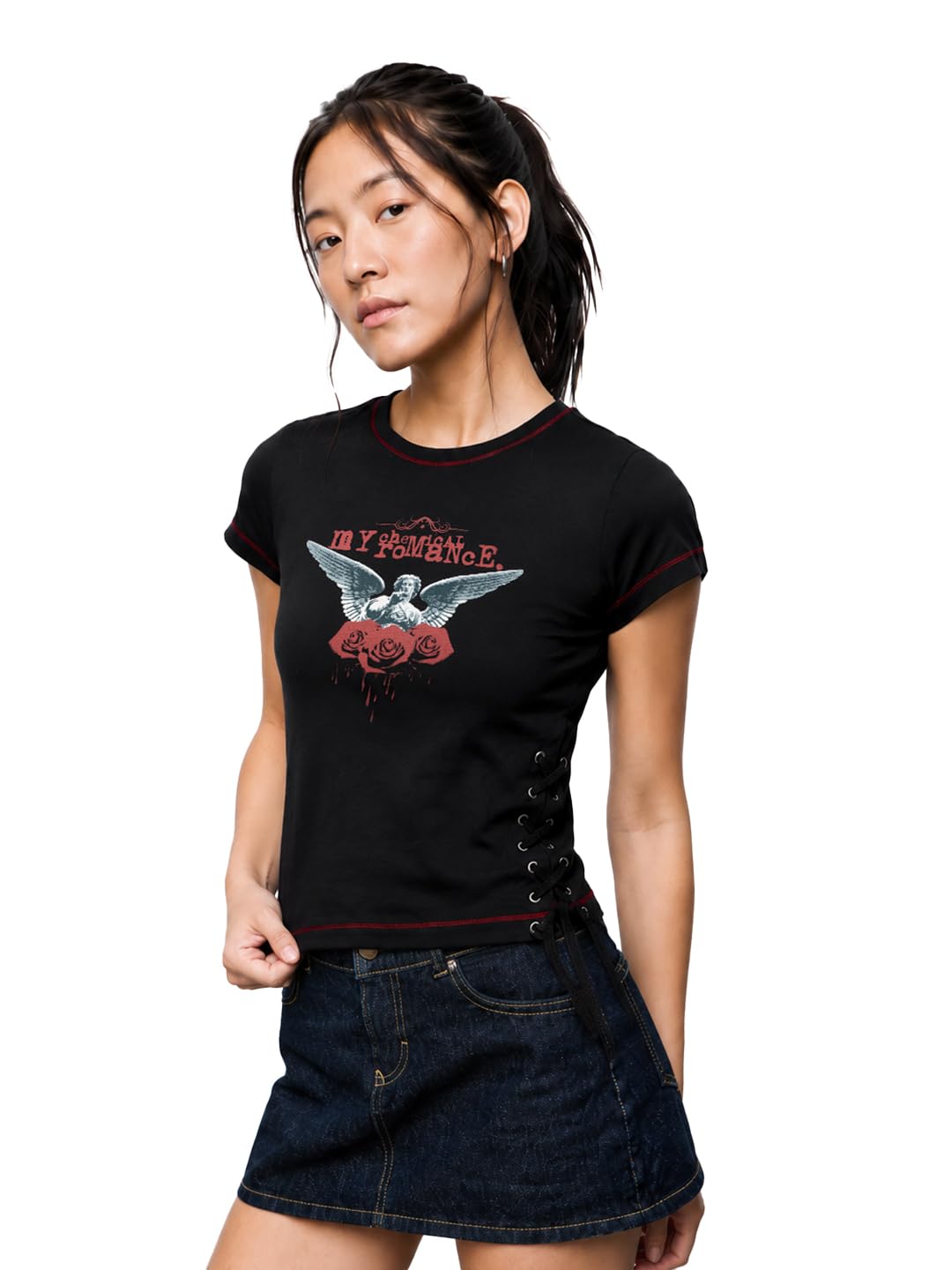 the souled store Chemical Romance Women and Girls Short Sleeves Round Neck Black Graphic Printed Cotton Slim Fit Lace-Up Edgy Comfortable All Season Knit Tops-picture-24
