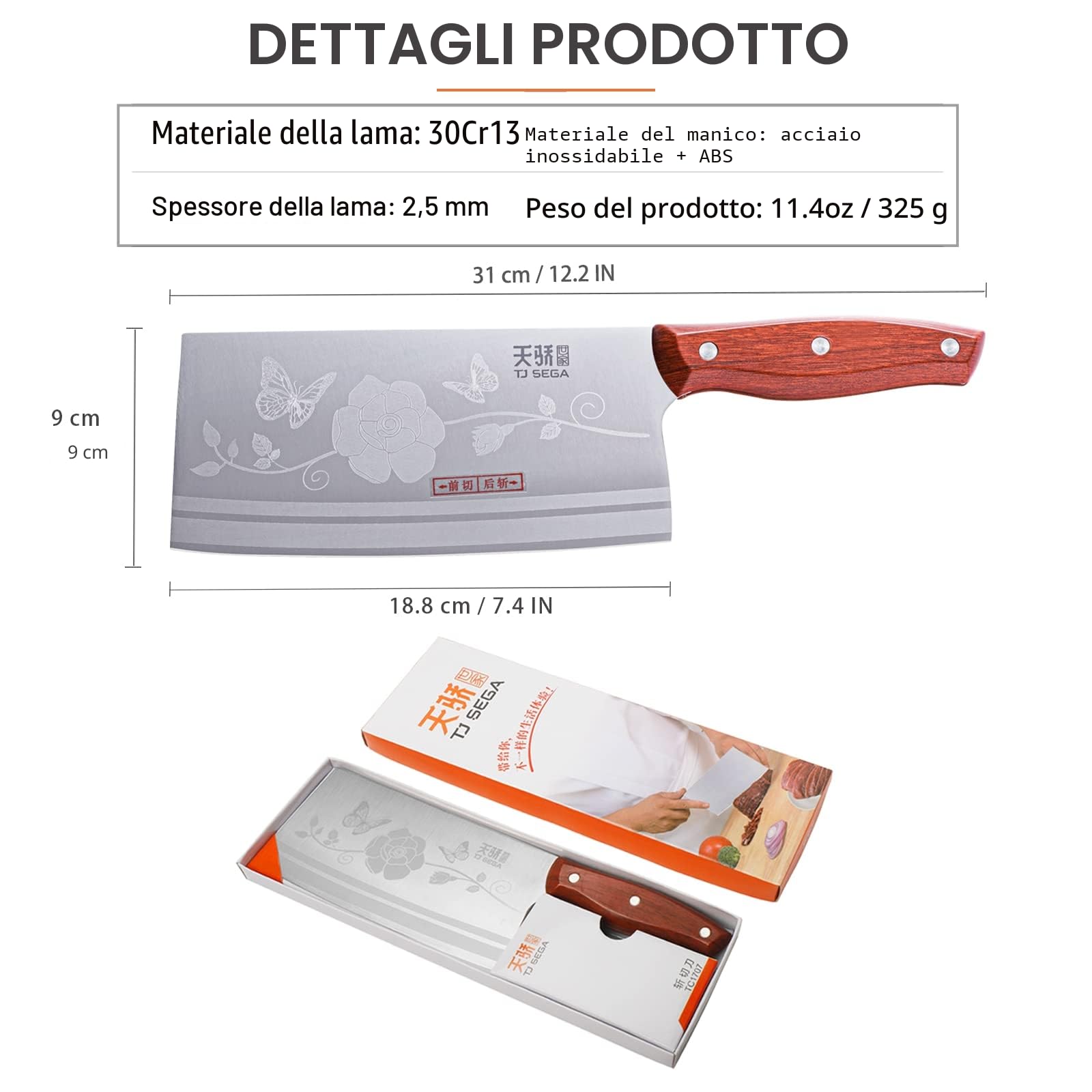 Coltello da Chef Cinese 18cm Acciaio 30Cr13 Full Tang TJ POP Mannaia Serie TC1707