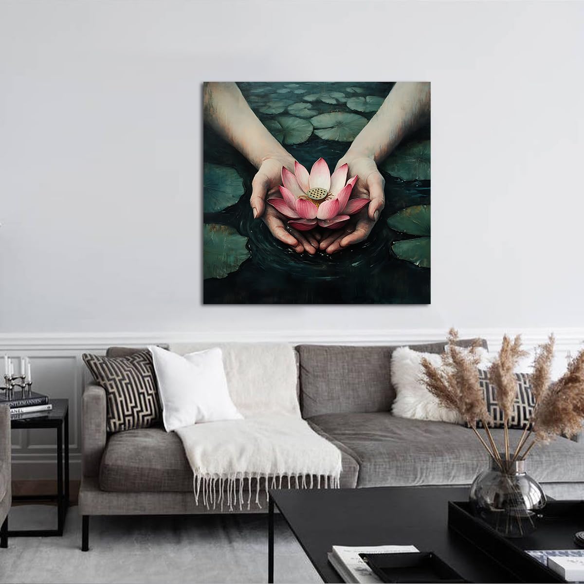 YUNART Tela pittura da tela arte murale con mano ninfea laghetto di fiori decorazioni murali per soggiorno cucina bagno ufficio arredamento della casa 90x90cm Telaio interno