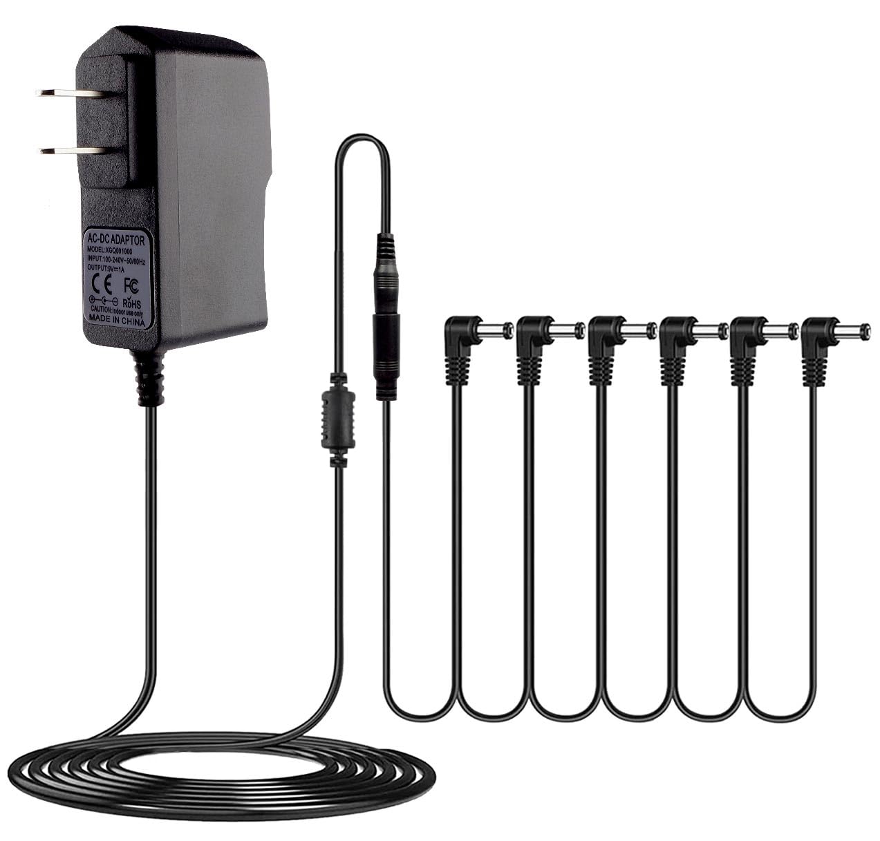 Rockhouse 9V Guitar Pedal Power Supply, 9 Volt 1a AC DC Adapter Pedalboard Charger with 6 Way Daisy Chain Cable Cord for BOSS 1 Spot Effect Pedals Center Negative