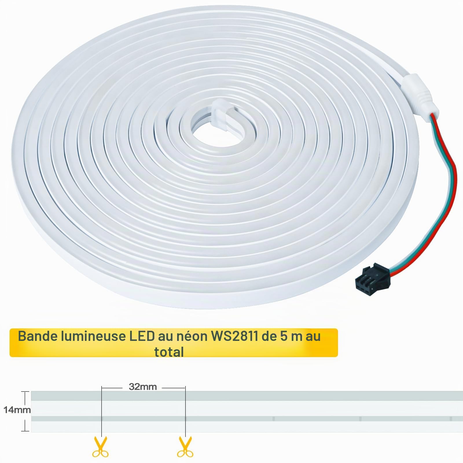 12V WS2811 Bande Lumineuse LED Néon, Bande de Pixels RVB 5 mètres IP65 étanche Pleine Couleur Adressable Individuellement Intelligente pour la Décoration Publicitaire de Bricolage